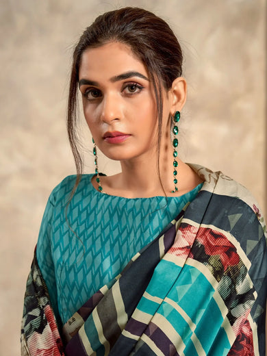 Astonishing Blue Digital Printed Satin Casual Wear Saree With Blouse